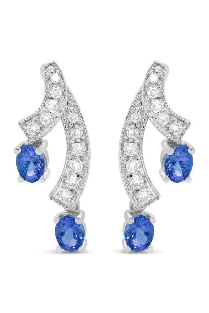 Oval Shaped Blue Tanzanite Gemstone and 1/5 Cttw Diamond Double Drop Earrings